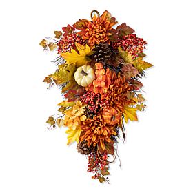 Glitzhome 27" Fall Dahlia Pumpkin, Leaf and Berry Swag