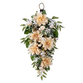 Glitzhome 28" Floral Teardrop with Peach Dahlias and Green Leaves