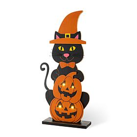 Glitzhome 30"H Halloween Wooden Lighted Witch Cat Porch Decor w/Timer