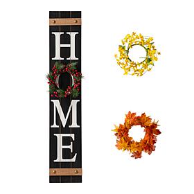 Glitzhome 42in H Wooden Home Porch Sign with 3 Changeable Wreathes.