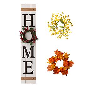 Glitzhome 42in H Wooden Home Porch Sign with 3 Changeable Wreathes.