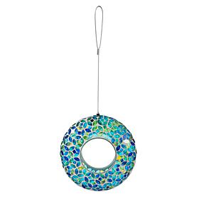Glitzhome 8''D Glass Round Hanging Blue/Green Mosaic Birdfeeder