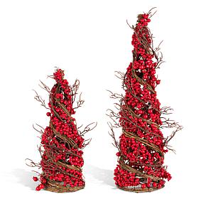 Glitzhome Set of 2 24"/16"H Christmas Red Berry Rattan Table Tree