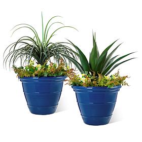 Glitzhome Set of 2 Round Cobalt Blue Faux Ceramic Pot Plastic Planter