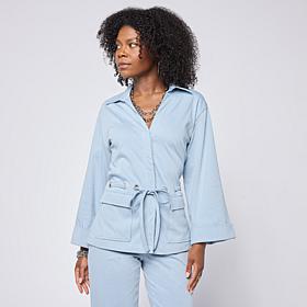 Grey by Jhoan Sebastian Grey Knit Denim 3/4 Sleeve Collared Shacket