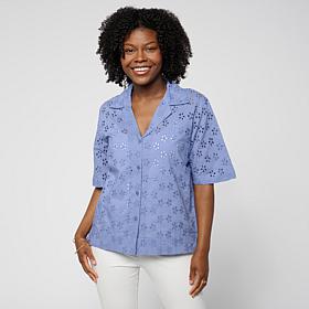 HUE Button-Front Cotton Eyelet Top