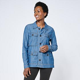 HUE Utility Pocket Button-Front Denim Shirt