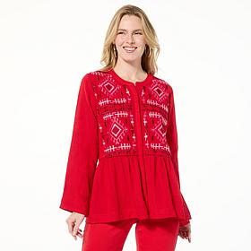 IMAN Global Chic Embroidered Woven Button-Front Blouse