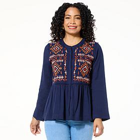 IMAN Global Chic Embroidered Woven Button-Front Blouse
