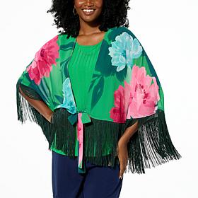 IMAN Global Chic Printed Woven Topper with Fringe Trim