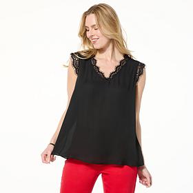 IMAN Global Chic Woven V-Neck Tank Top with Lace Trim