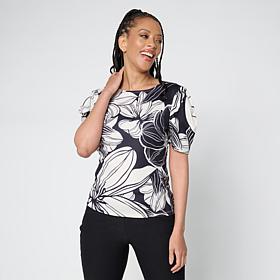 Jaclyn Smith Fine Ribbed Knit Pleated Puff-Sleeve Tee