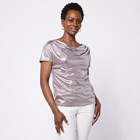 Jaclyn Smith Metallic Knit Cap Sleeve Cowl Neck Top