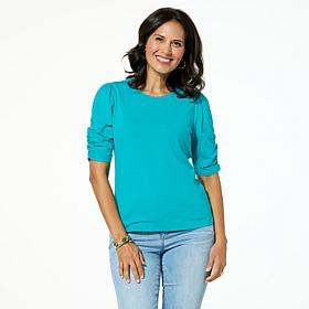 Jaclyn Smith Ruched Puff-Sleeve Cotton Slub Knit Tee