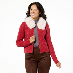 Jaclyn Smith Zipper-Front Sweater Jacket w/ Detachable Faux Fur Collar