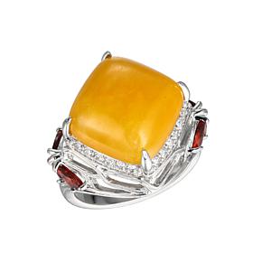 Jade of Yesteryear Sterling Silver Yellow Jade, Garnet and CZ Ring