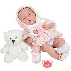 JC Toys La Newborn 15" Real Girl Baby Doll Pink Overcoat & Teddy Bear