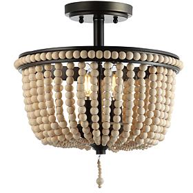 JONATHAN Y Black Light Taupe Allie 14" Wood Beaded Metal Flush Mount