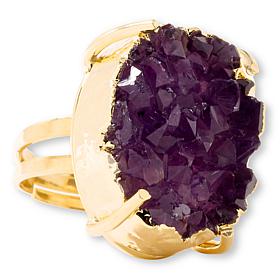 KALIFANO Goldtone Amethyst Druzy Geode Adjustable Shank Ring