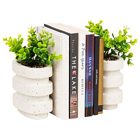 Mind Reader Ribbed Cement Planter Bookends with Faux Greenery