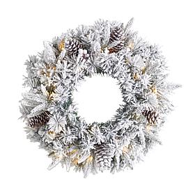 Nearly Natural 20 in. Flocked Artificial Christmas Wreath with 35 LED