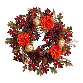 Nearly Natural 24” Fall Dahlia, Golden Apple, Oak, Berries   Wreath