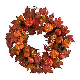 Nearly Natural 24”  Maple, Pumpkin, Pinecone and Berries  Fall Wreath