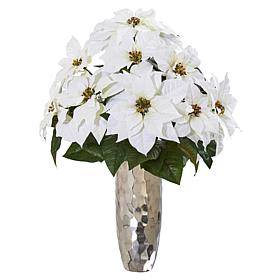 Nearly Natural 27 in. White Poinsettia in Silver Cylinder Vase