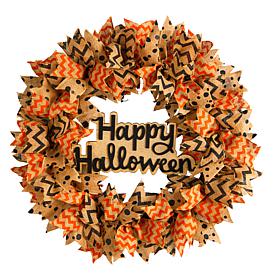 Nearly Natural 30 in. Halloween Burlap Ribbon Wreath