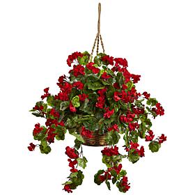 Nearly Natural Red Geranium Hanging Basket UV-Resistant Indoor/Outdoor