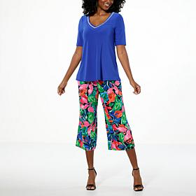 Nina Leonard 2-piece Embellished Tunic & Printed Culotte Pant Set