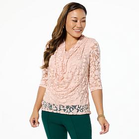 Nina Leonard 3/4-Sleeve Drape Neck Burnout Top