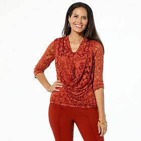 Nina Leonard 3/4-Sleeve Drape Neck Burnout Top