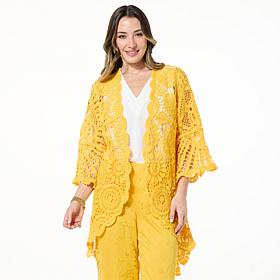 Nina Leonard Bell-Sleeve Open Front Crochet Cardigan