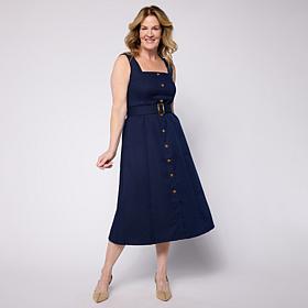 Nina Leonard Button-Front Stretch Linen Sleeveless Dress