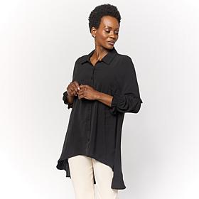 Nina Leonard Button-Front Textured Wave Tunic Blouse