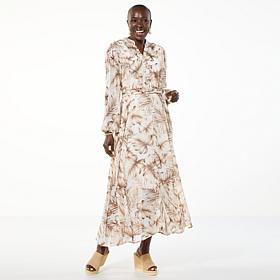 Nina Leonard Collared Button Front Chiffon Maxi Dress