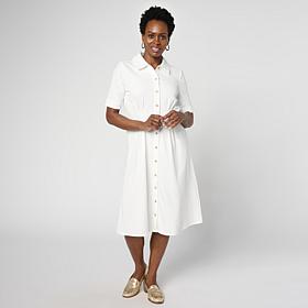 Nina Leonard Collared Button-Front Denim Knit Elbow Sleeve Shirt Dress