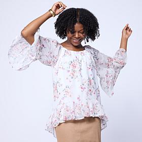 Nina Leonard Crushed Printed Chiffon Tiered Hem Top