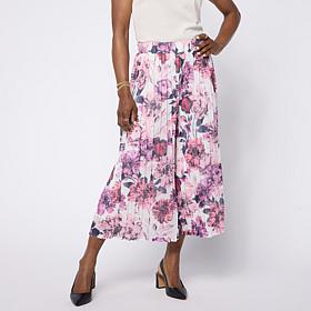 Nina Leonard Elastic Waist Pleated Printed Chiffon Culotte Pant