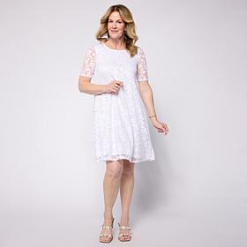 Nina Leonard Elbow-Sleeve Jewel-Neck Trapeze Dress