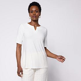 Nina Leonard Elbow-Sleeve Top with Notch Neck