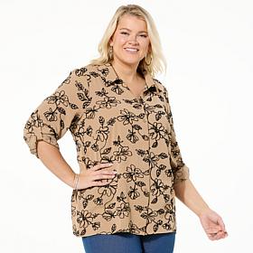 Nina Leonard Embroidered Button Front Blouse