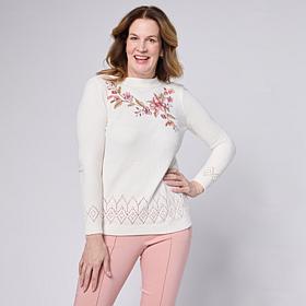 Nina Leonard Embroidered Long-Sleeve Chenille Sweater