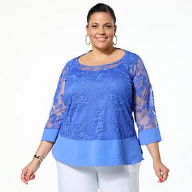 Nina Leonard Embroidered Mesh Knit 3/4-Sleeve Tunic