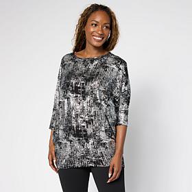 Nina Leonard Foiled Knit Boat Neck 3/4-Sleeve Tunic