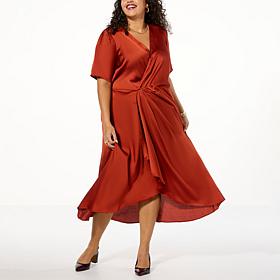 Nina Leonard Hammered Satin Drape-Front Dress