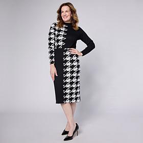 Nina Leonard Jacquard Long-Sleeve Mock-Neck Sheath Dress