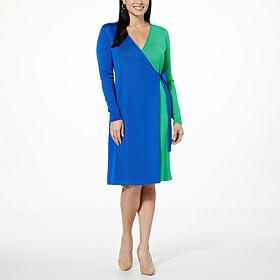 Nina Leonard Long-Sleeve Colorblock Wrap Dress