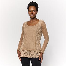 Nina Leonard Long-Sleeve Mixed-Media Blousese